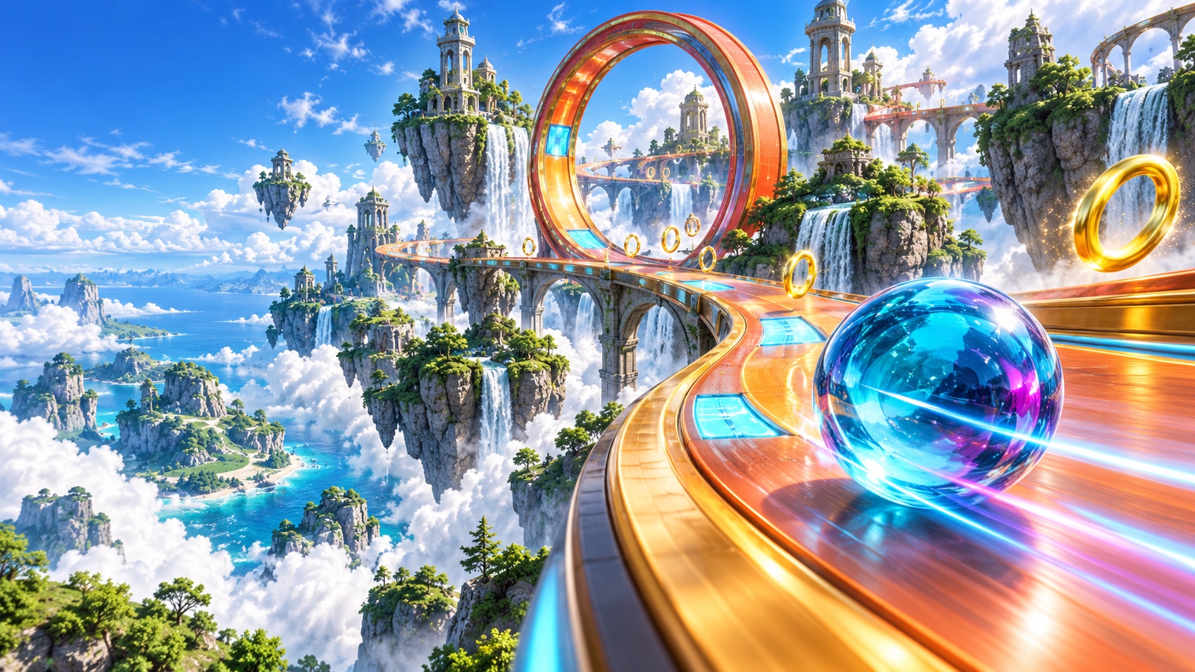 A crystal marble races through floating islands and a golden loop